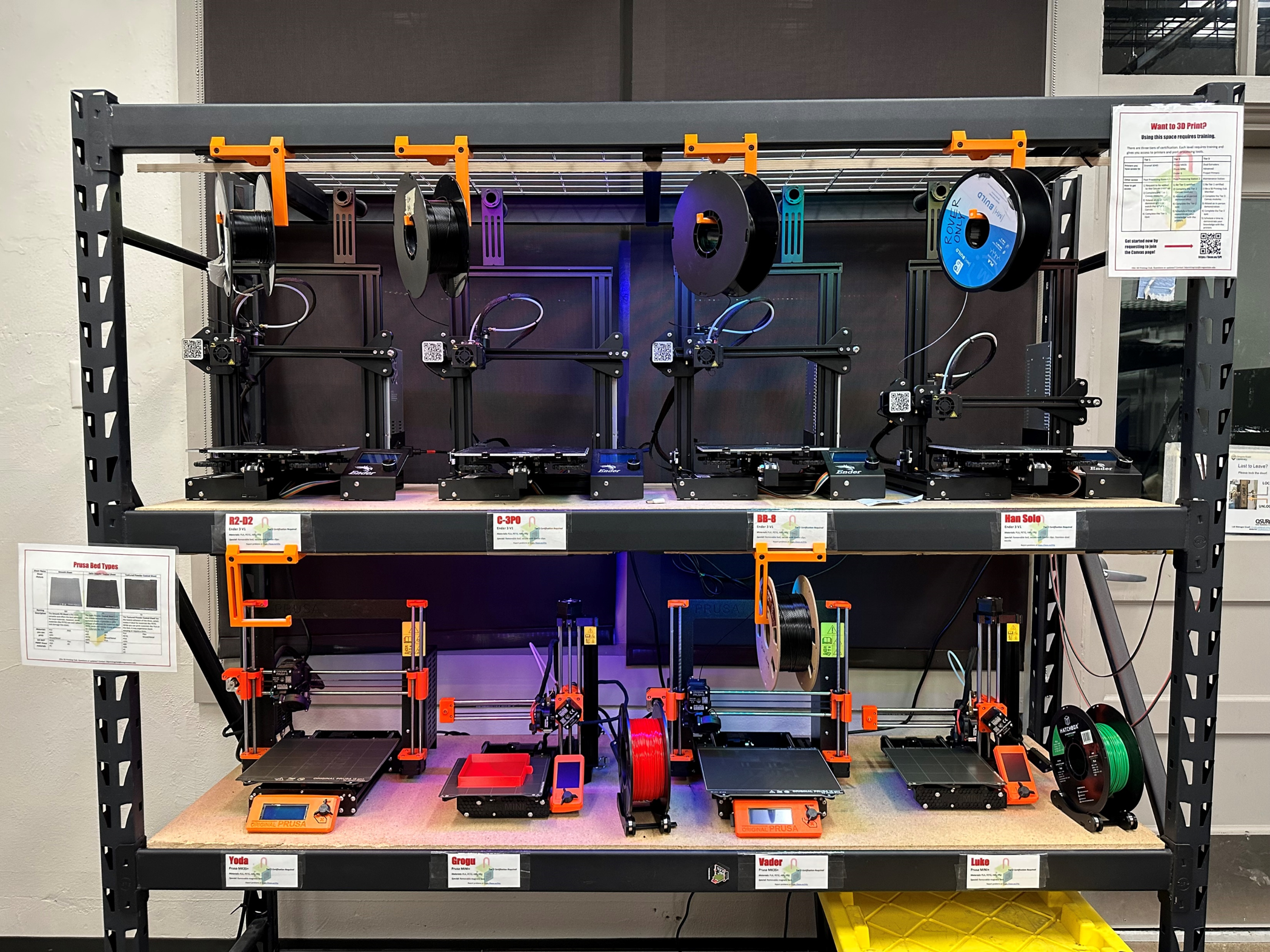 The Tier 2 shelf with Prusa and Ender printers.
